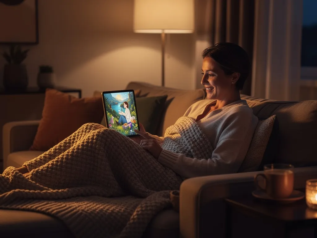 An adult sitting comfortably with a coffee, smiling while looking at a personalized story on their phone