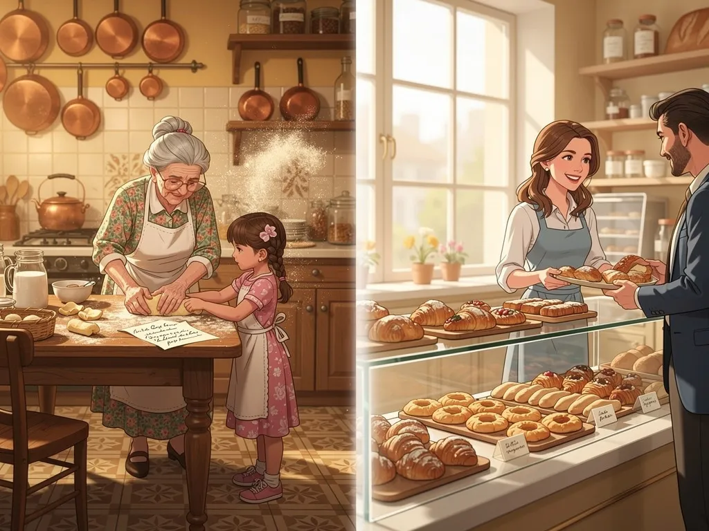 An illustrated brand story scene showing a small business origin story with warm, engaging visuals