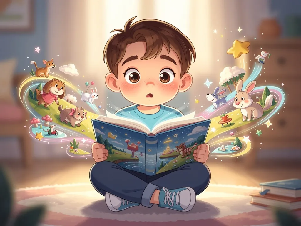 A child with a big smile pointing excitedly at their own character in a personalized storybook