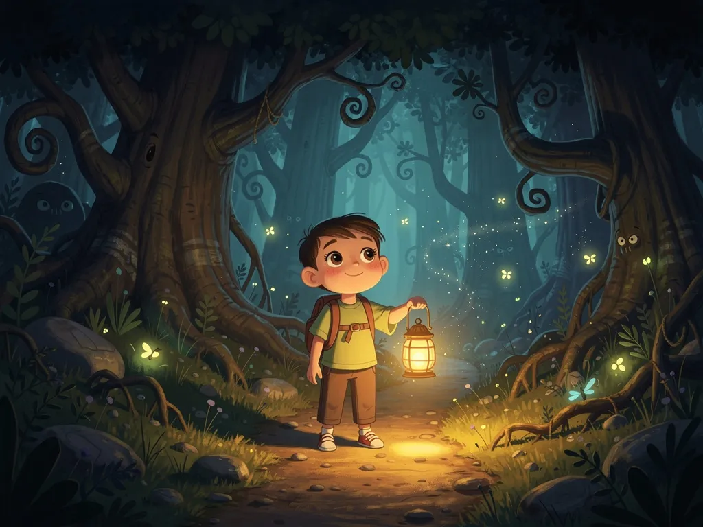 An illustrated scene of a child character standing bravely at the entrance of a mysterious forest