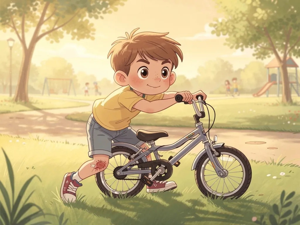 An illustrated scene of a child character falling off a bicycle and getting back up with determination