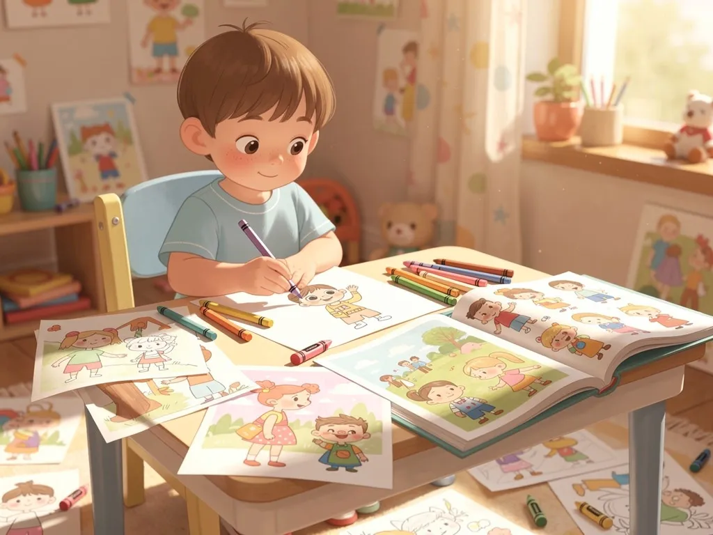 A child sitting at a table drawing characters from their personalized storybook with colored pencils
