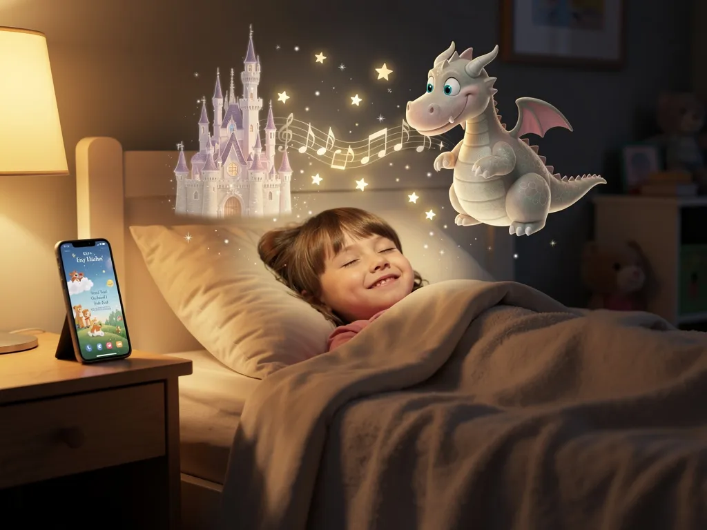 A child lying in bed with eyes closed, listening to a story playing from a phone on the nightstand