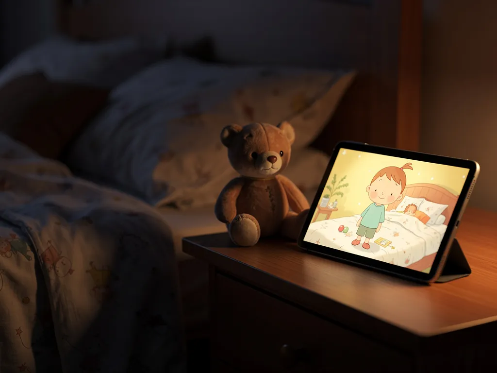A tablet on a nightstand showing an illustrated bedtime story with warm lighting