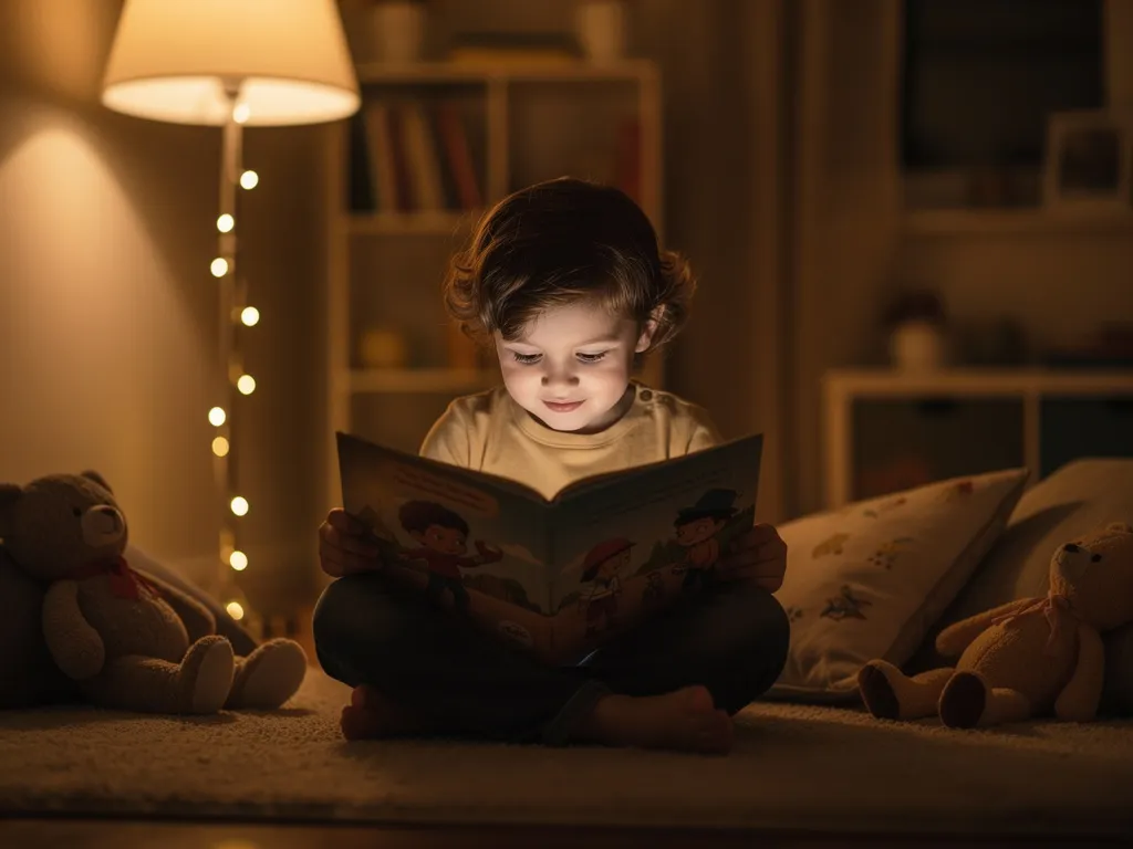 A child curled up in bed reading a personalized storybook, looking comforted