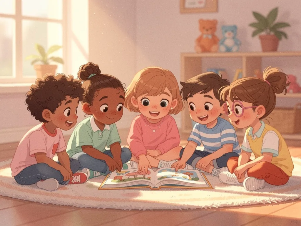 Children of different backgrounds sitting together engaged in a story, showing connection and shared experience
