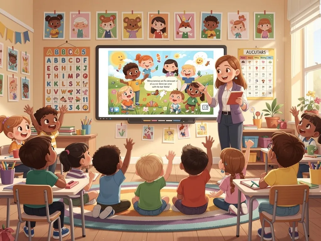 Students gathered around a screen showing a personalized illustrated story, visibly engaged and excited