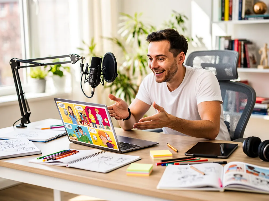 A content creator working on an illustrated story on their laptop, surrounded by creative materials