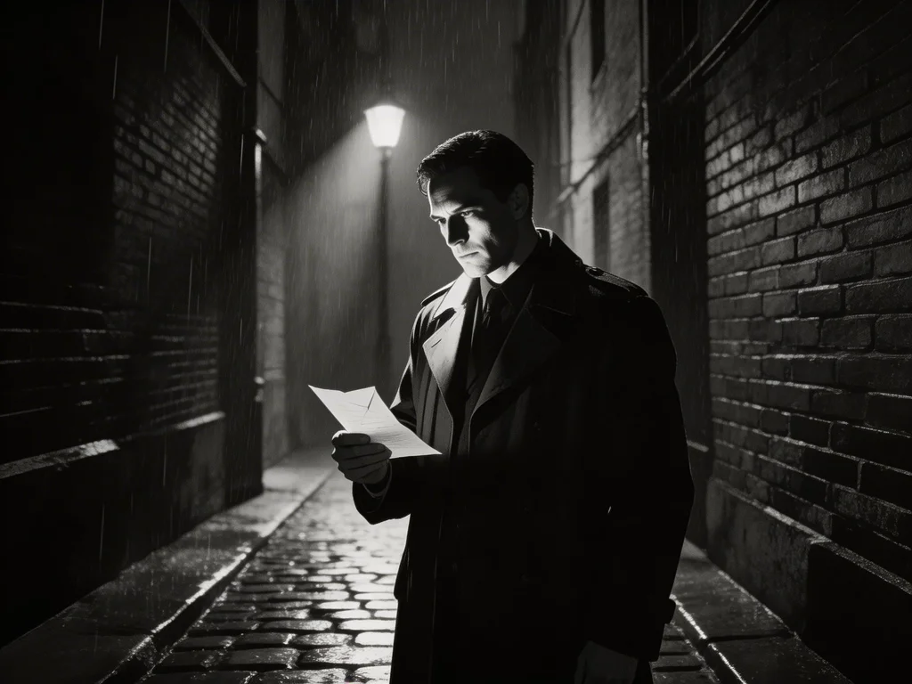A dramatic black and white film noir illustration of a mysterious man standing in a rain-soaked alley