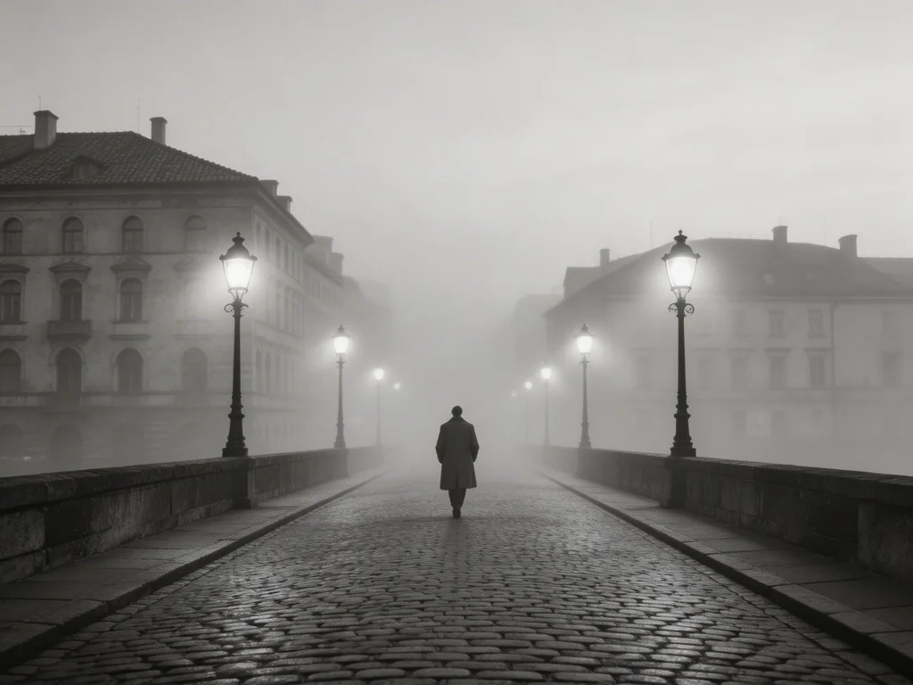 A lone figure walking across a fog-covered cobblestone bridge at dawn in an old European city, black and white atmospheric