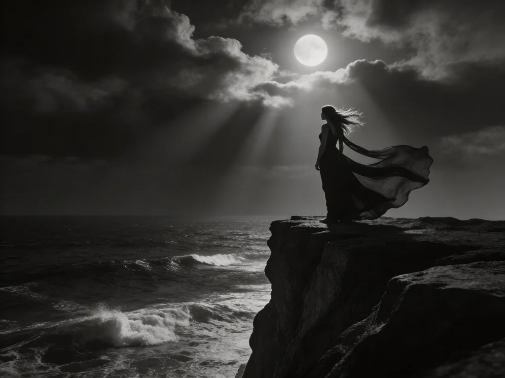 A woman in a flowing dress standing at a cliff edge overlooking a turbulent ocean at night, black and white dramatic silhouette