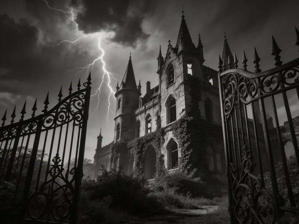 A grand crumbling gothic estate silhouetted against a stormy sky with iron gates in the foreground, black and white illustration