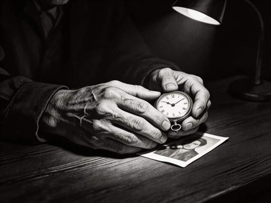Close-up of scarred hands holding a pocket watch over a faded photograph on a dark desk, black and white noir style