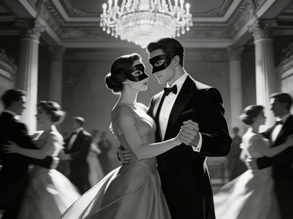 A black and white illustration of a couple dancing at a masked ball in a grand chandelier-lit ballroom