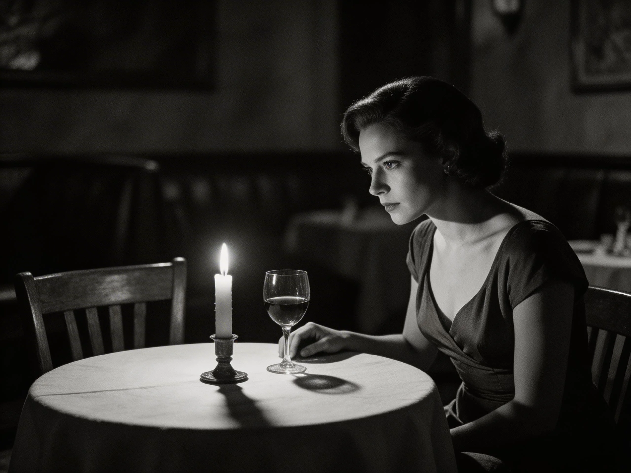 A woman sitting alone at a candlelit table in a dimly lit restaurant, dramatic black and white film noir style