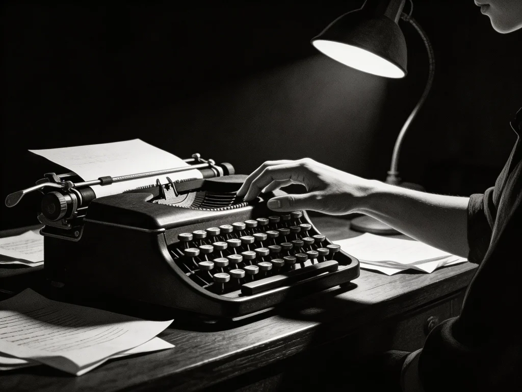 A black and white noir illustration of hands typing on a vintage typewriter in a dark room with dramatic lighting