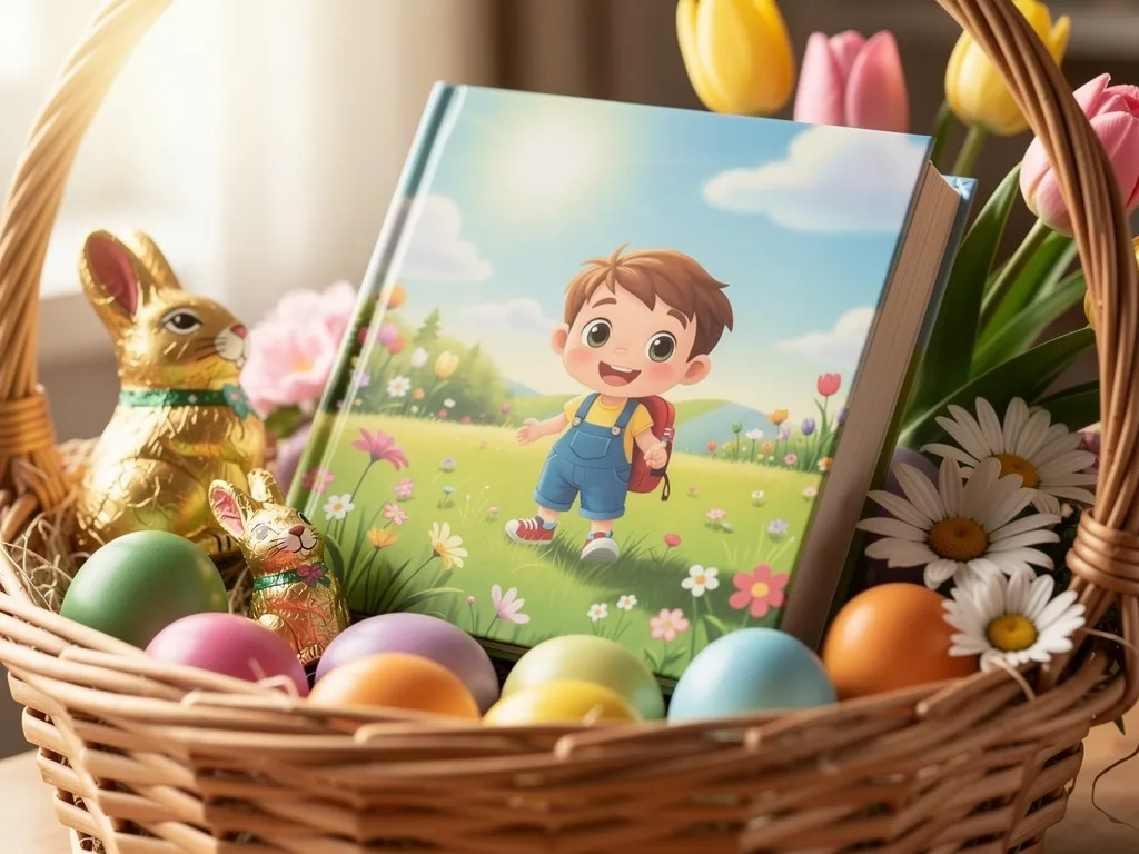 A personalized children's book nestled in an Easter basket alongside colorful eggs and spring flowers