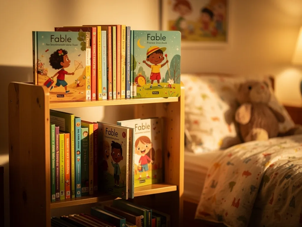 Several printed Fable storybooks lined up on a child's bookshelf alongside traditional children's books