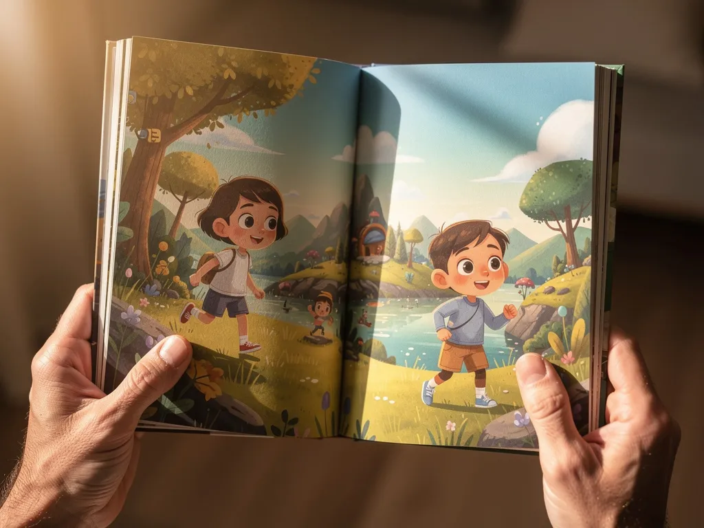 Close-up of a child's hands holding an open printed Fable storybook showing vibrant illustrations