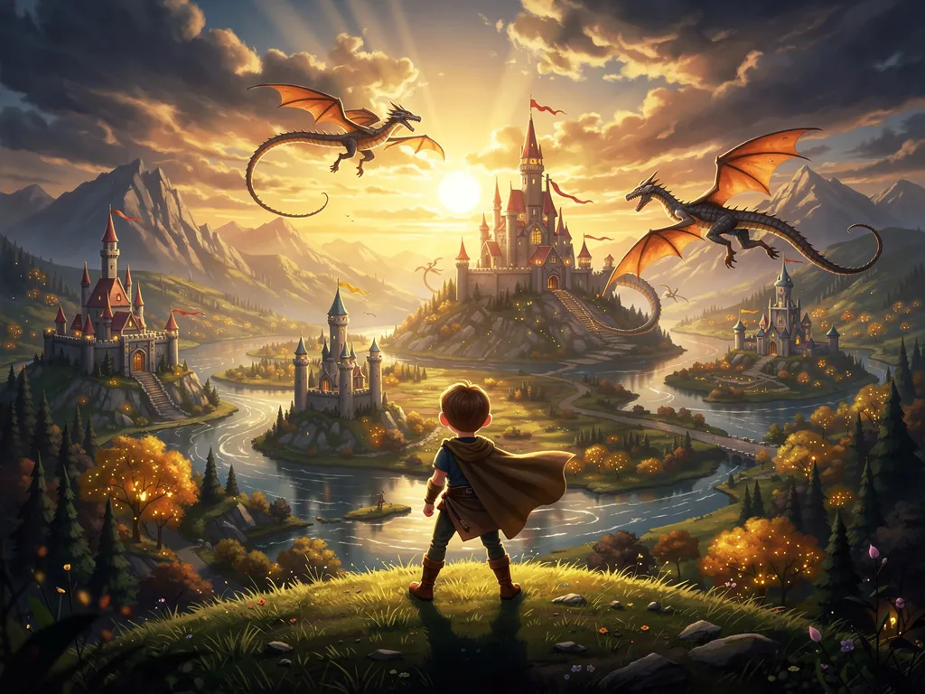 A cinematic scene from a Fable story showing consistent character illustration with dramatic lighting