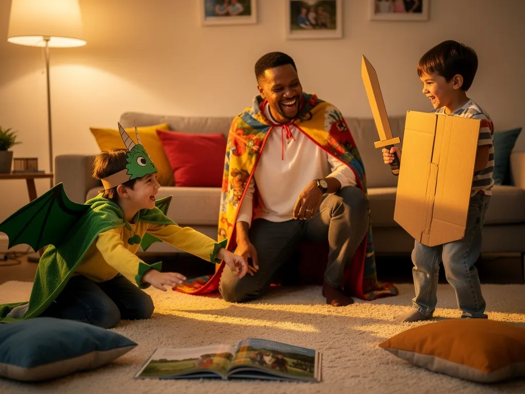 A family in their living room acting out scenes from a storybook, laughing together