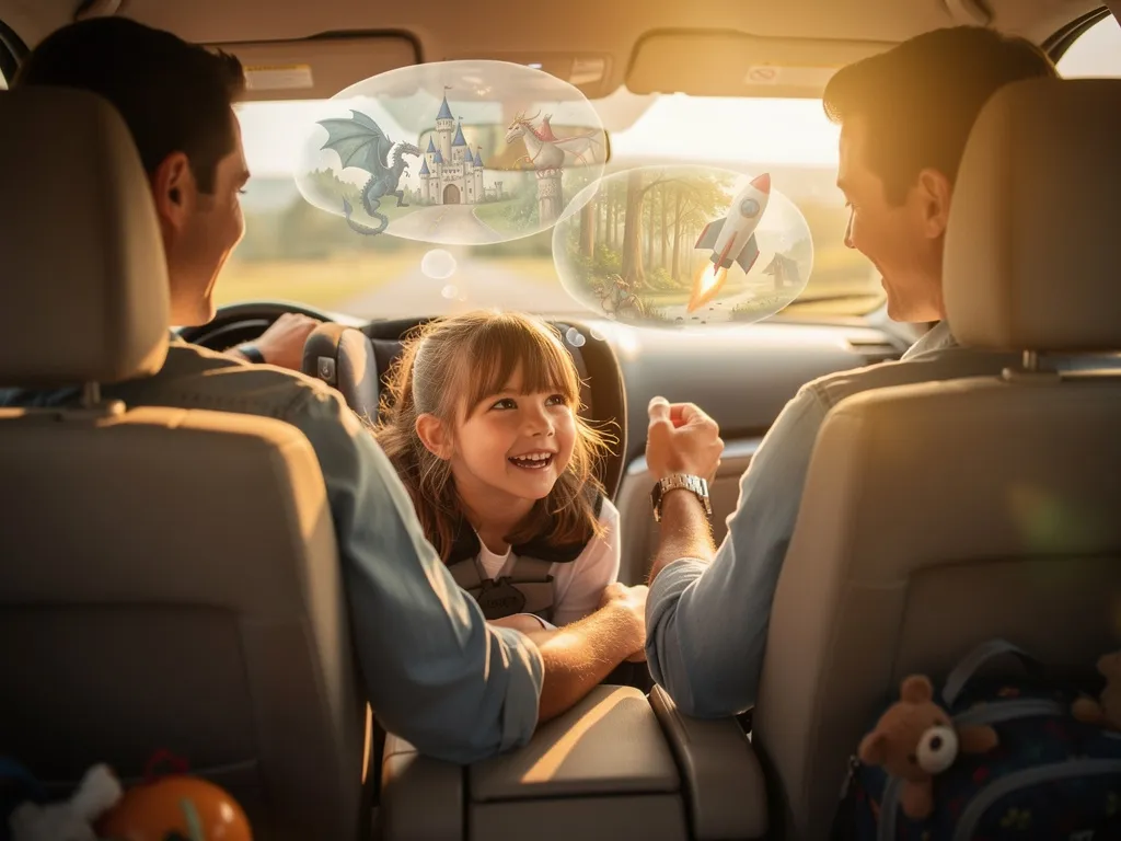 A family in a car with a child in the back seat listening happily to a story on a road trip
