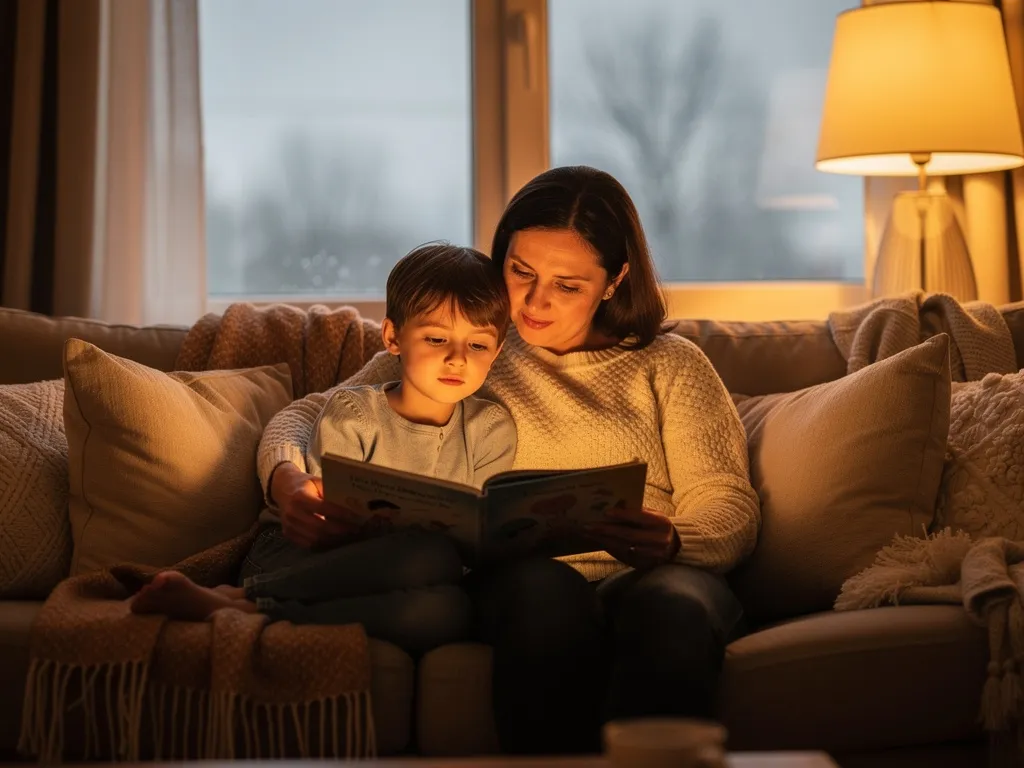 A family sitting close together on a couch, reading a personalized storybook during a quiet moment