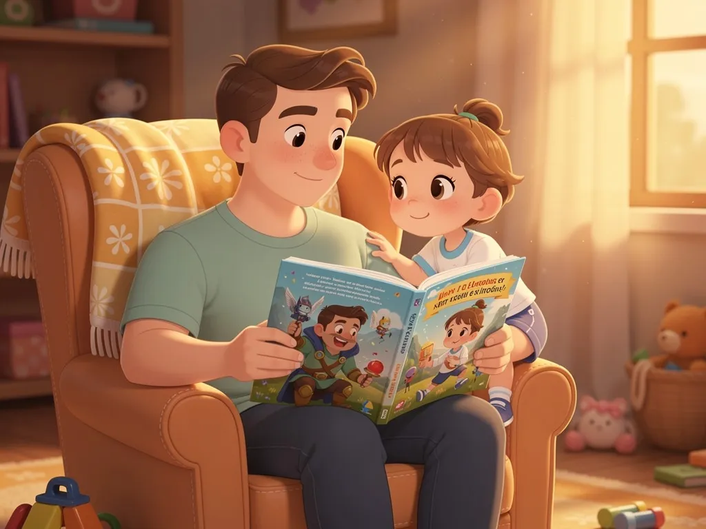 A printed personalized storybook showing a dad character on an adventure with children, wrapped as a Father's Day gift