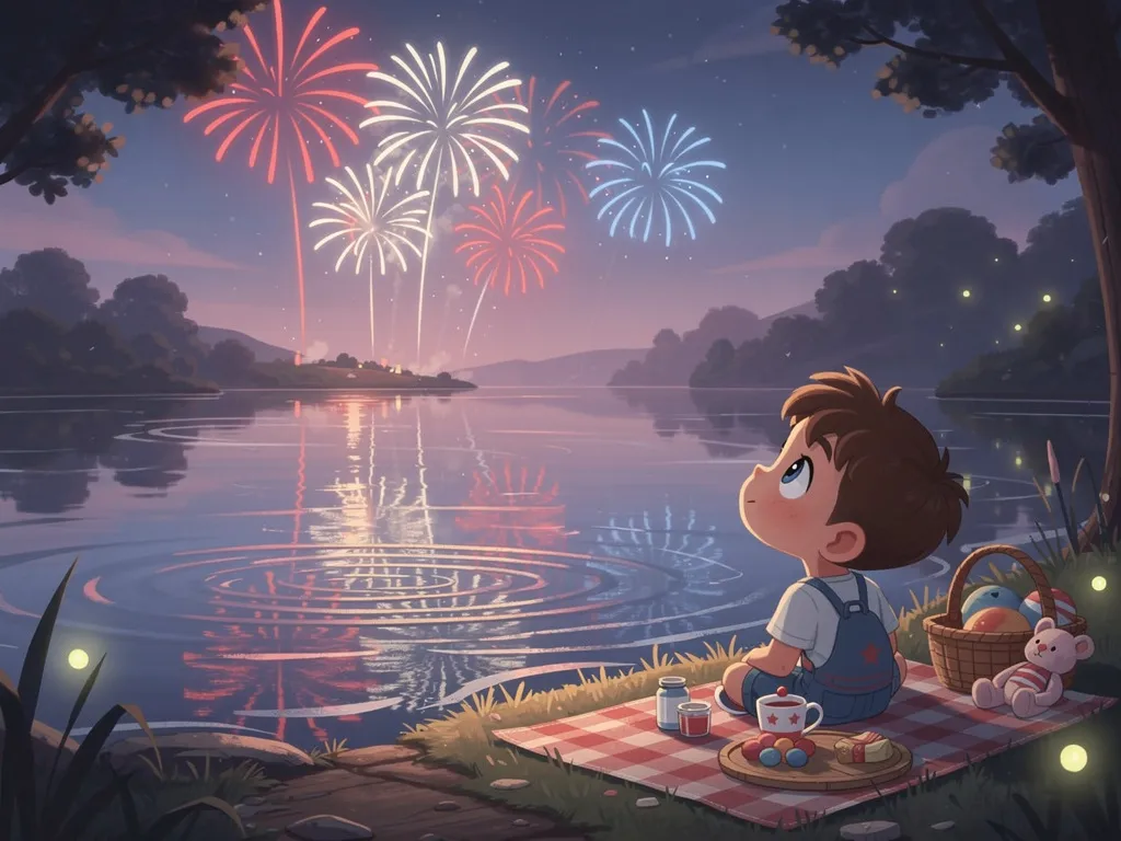 A child character watching colorful fireworks light up a summer night sky in a personalized storybook illustration