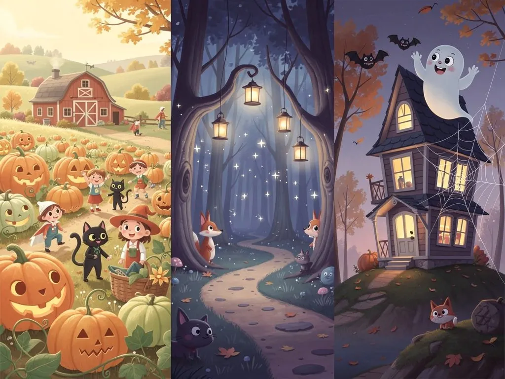 A range of Halloween characters from cute and friendly to mildly spooky, showing different scare levels for personalized stories