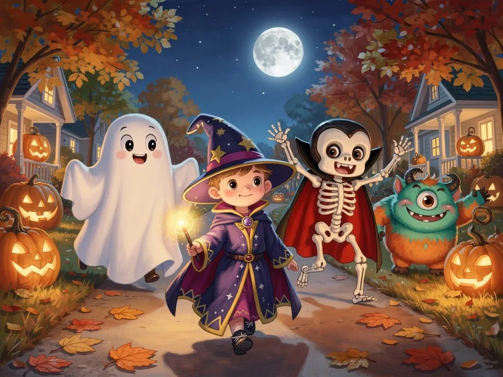 A child character in a Halloween costume meeting a friendly cartoon ghost in a personalized storybook illustration