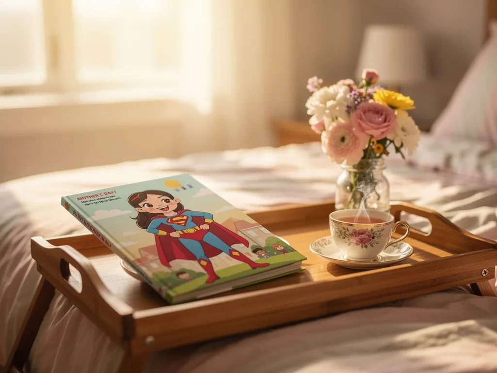 A beautifully illustrated personalized storybook open to a page showing a mom character on an adventure, with Mother's Day gift wrapping nearby