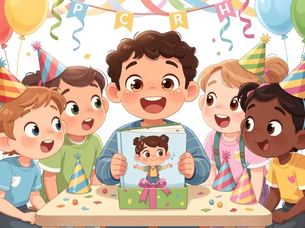 A child opening a personalized storybook as a birthday gift, looking delighted