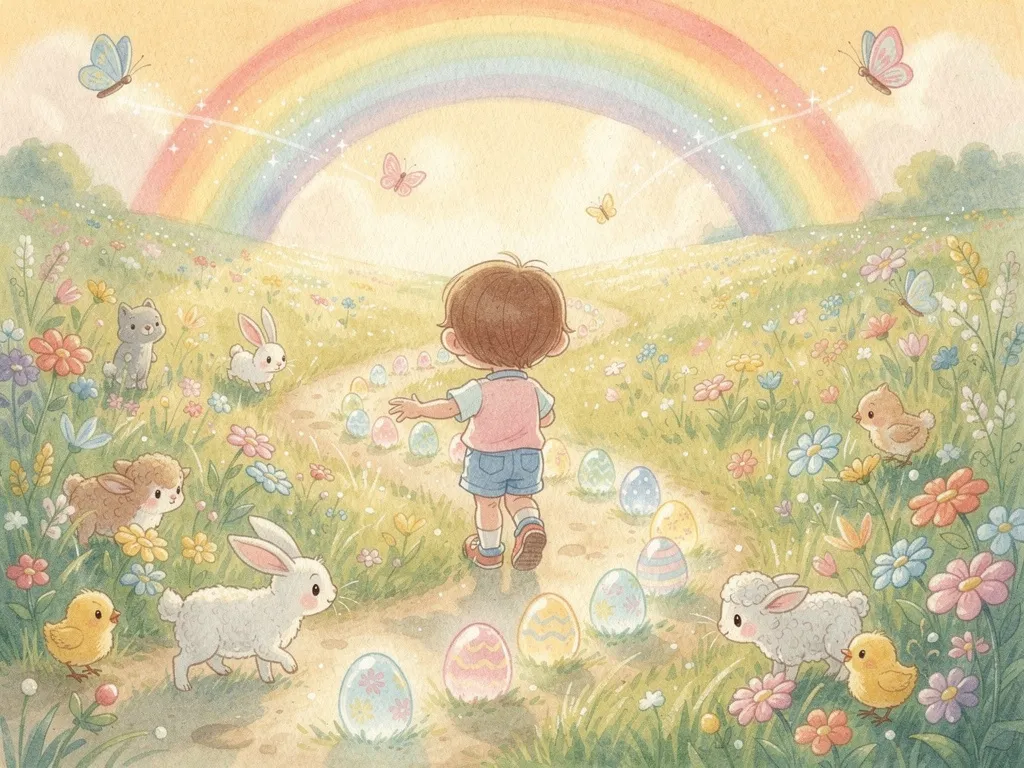 A child character illustrated consistently across multiple pages of a personalized Easter storybook
