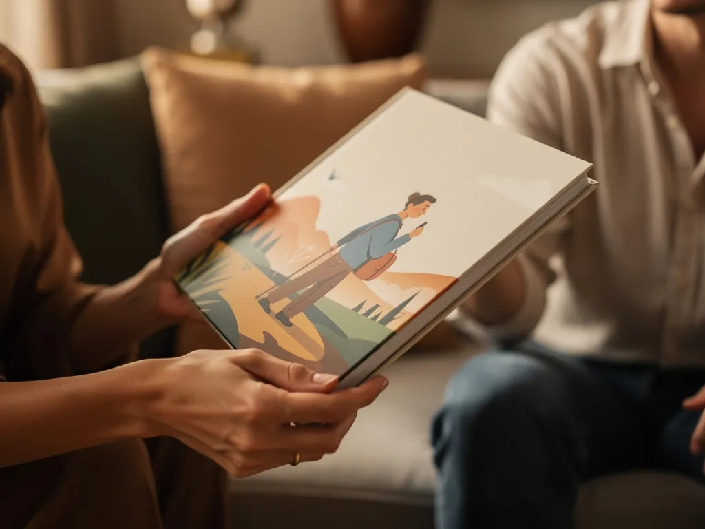 Two adults exchanging a printed personalized storybook as a gift, both laughing
