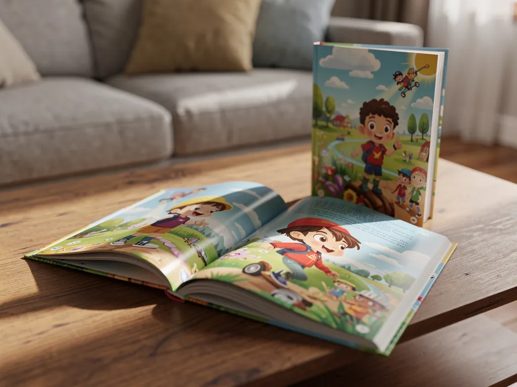 A printed personalized children's book created with Fable sitting on a coffee table