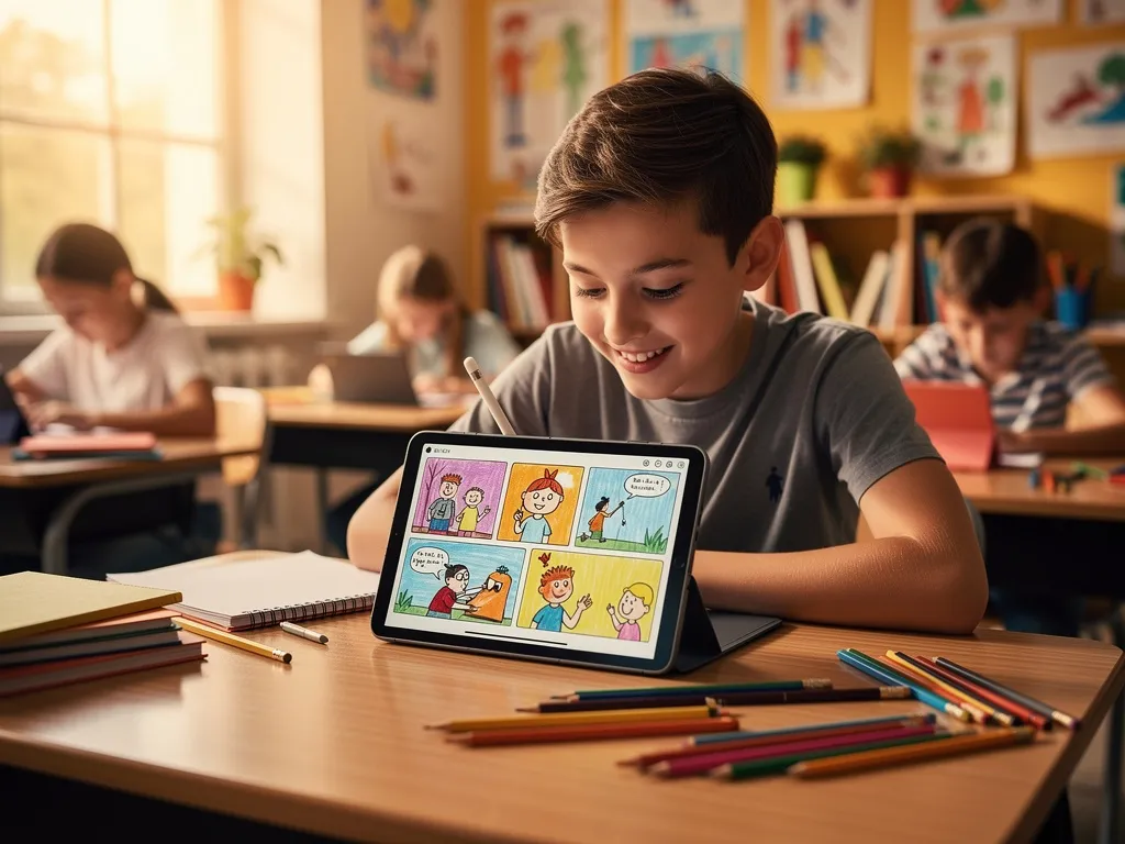 A student enthusiastically creating their own illustrated story on a tablet in a classroom setting