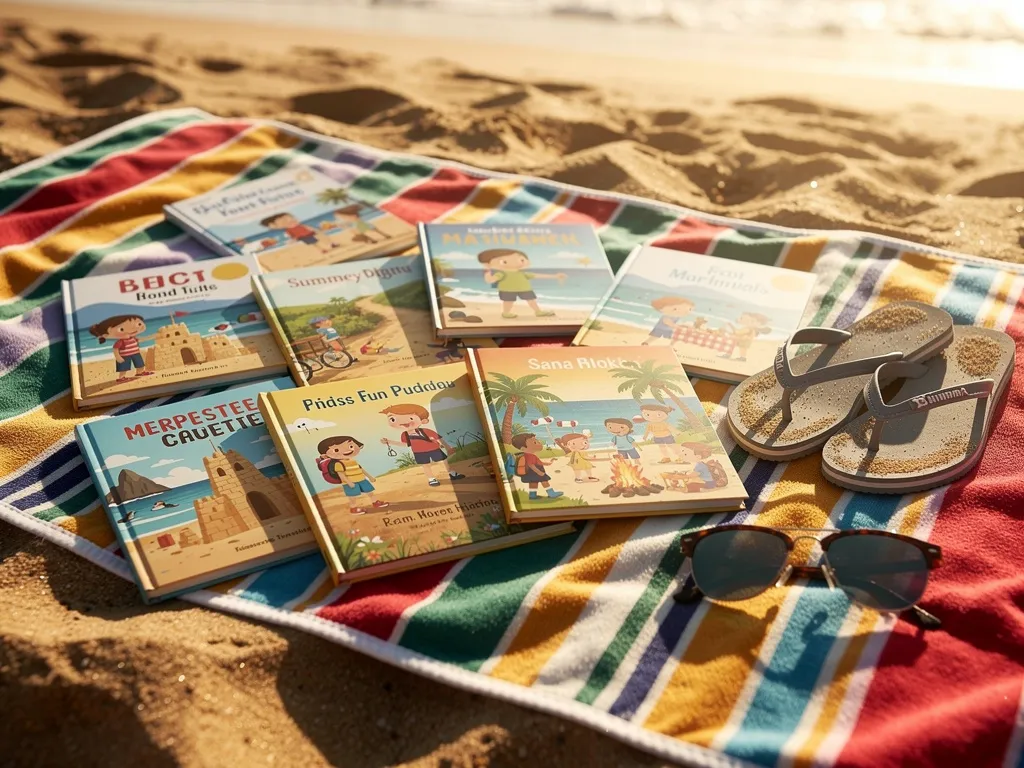 A collection of printed personalized summer storybooks spread out on a picnic blanket