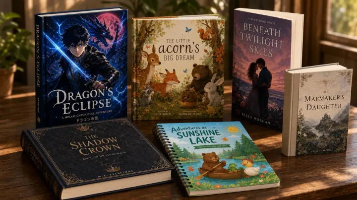Custom anime, children's, romance, fantasy, hardcover and coil-bound books displayed together