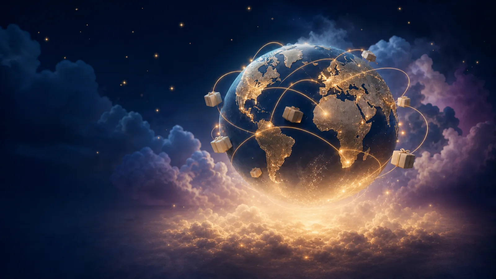 A glowing globe connected by worldwide delivery routes