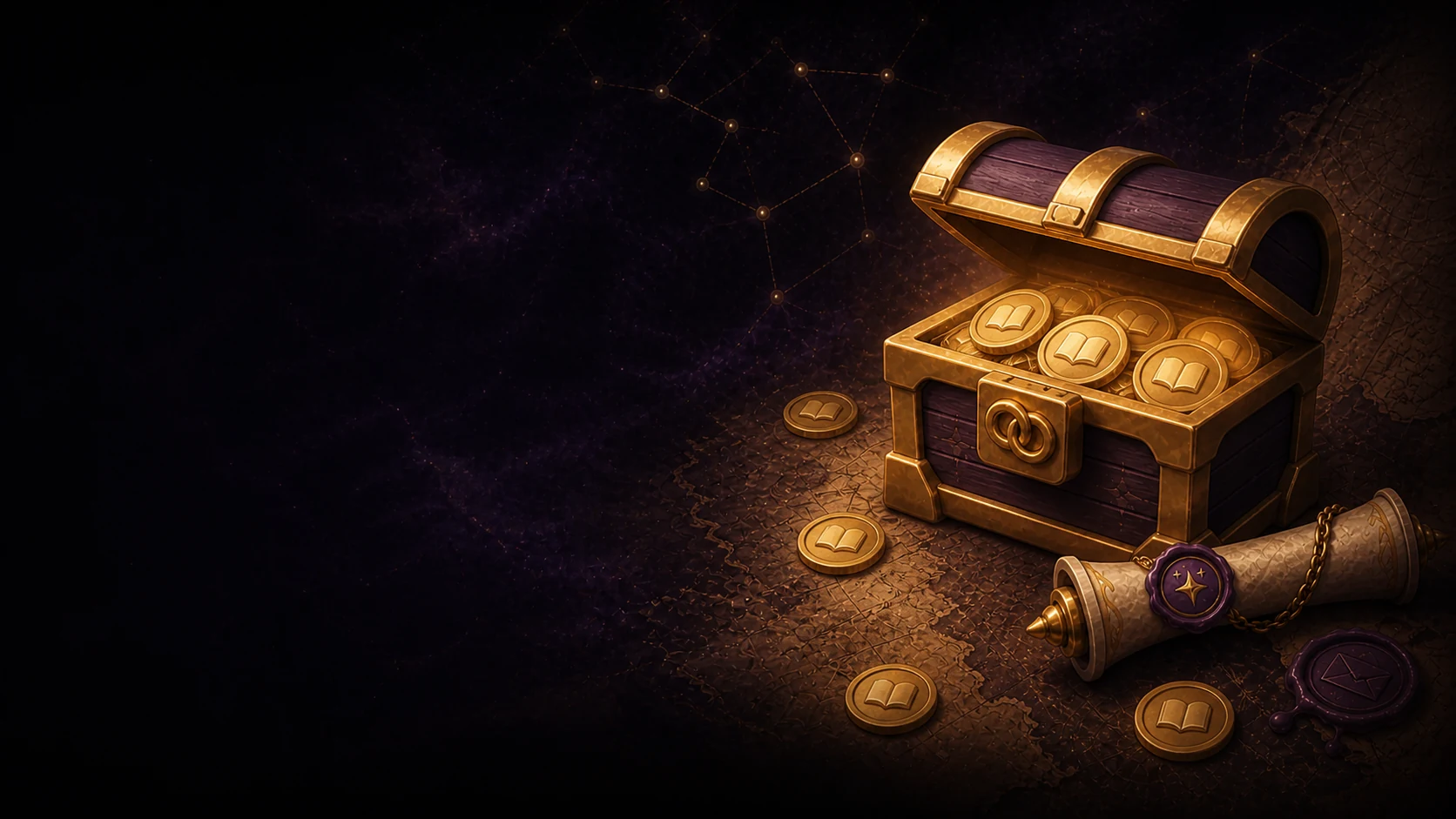 An open purple and gold Fable affiliate chest filled with story tokens beside a sealed invitation scroll