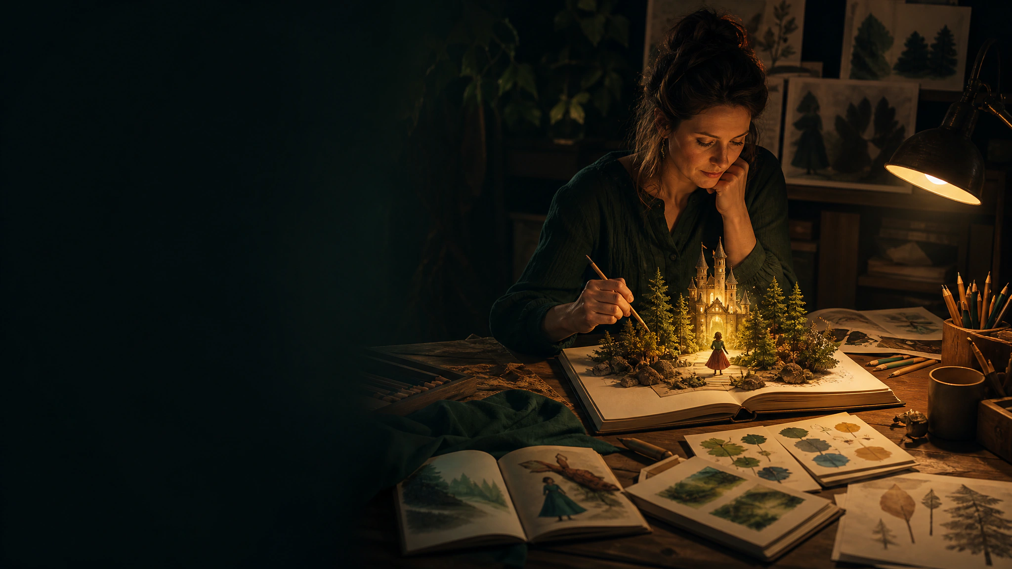 A creator drawing a glowing miniature story world emerging from an open book