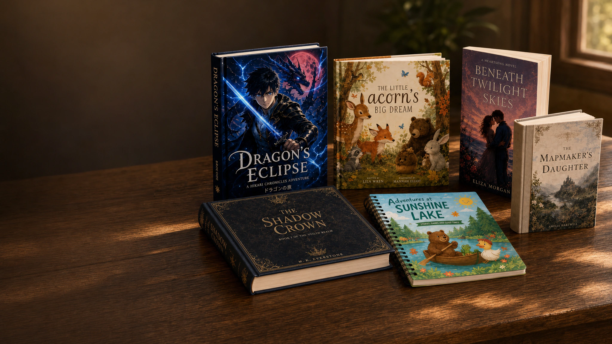 Six custom anime, children's, romance, fantasy, hardcover and coil-bound books displayed together