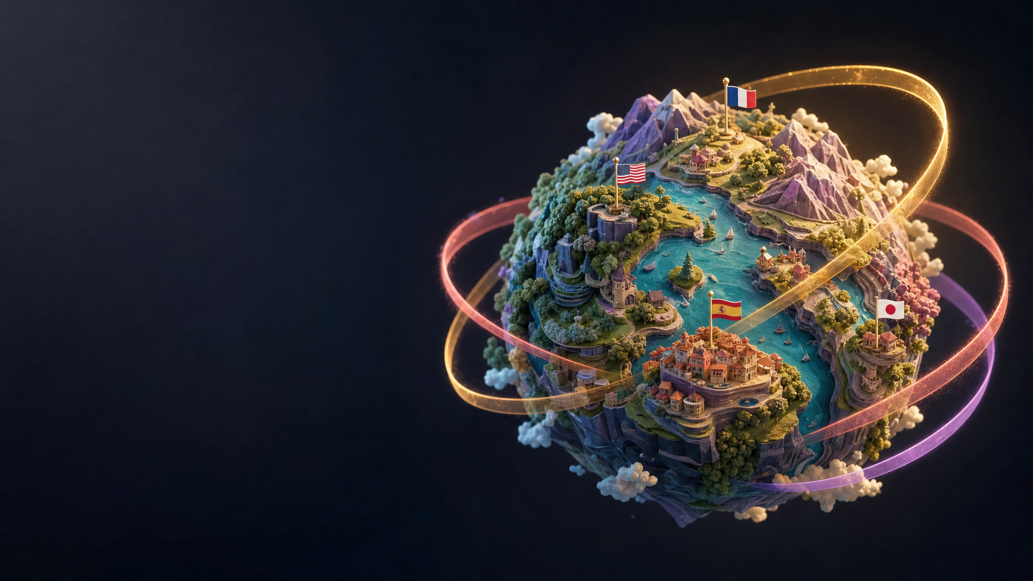 A colorful miniature world encircled by glowing rings and international flags