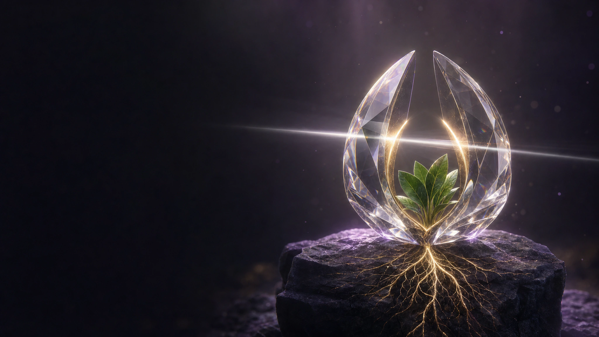 A crystal seed protecting green leaves above luminous golden roots
