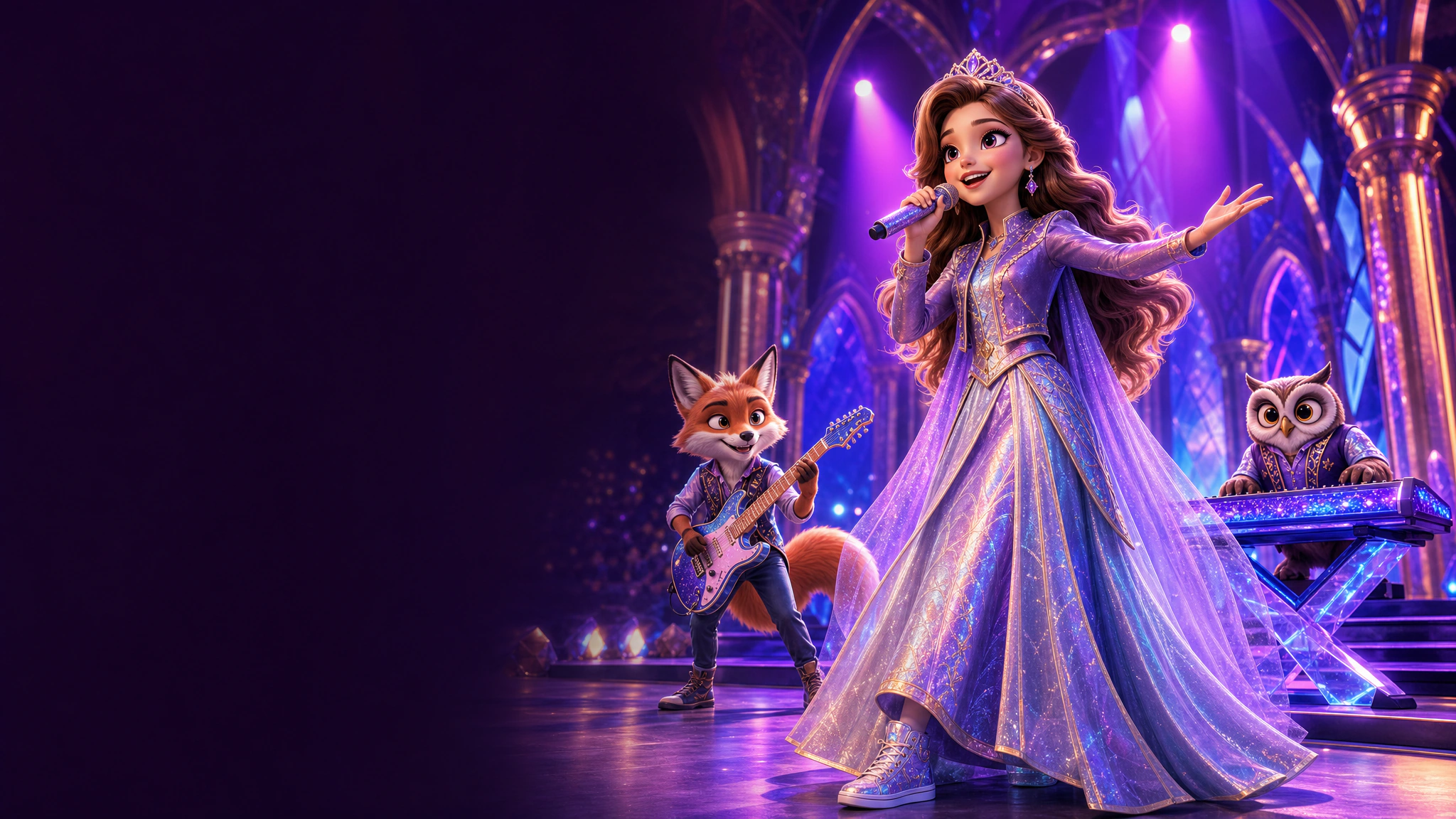 A modern animated princess performing with a fox guitarist and owl keyboardist