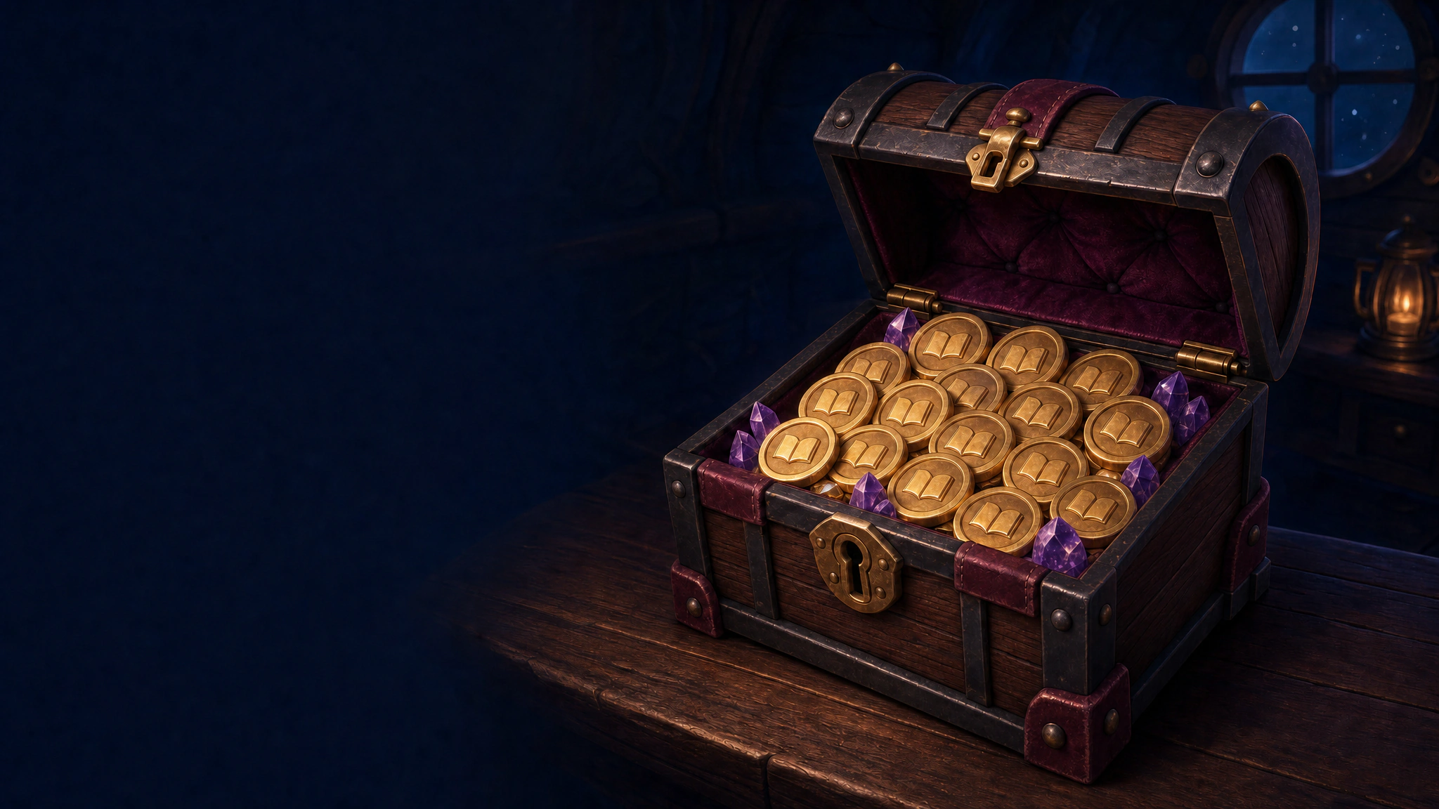 A stylized pirate chest filled with gold Fable book coins and purple crystals