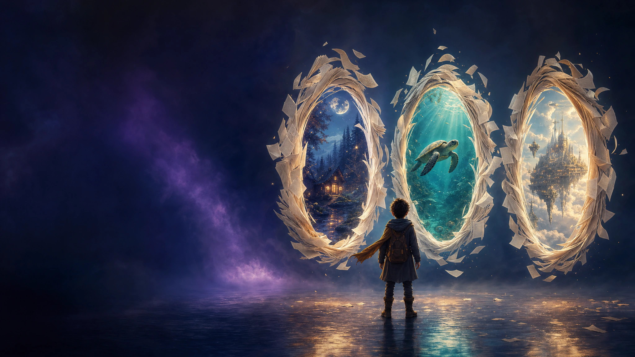 A young explorer facing three magical paper portals to a forest, ocean, and sky kingdom