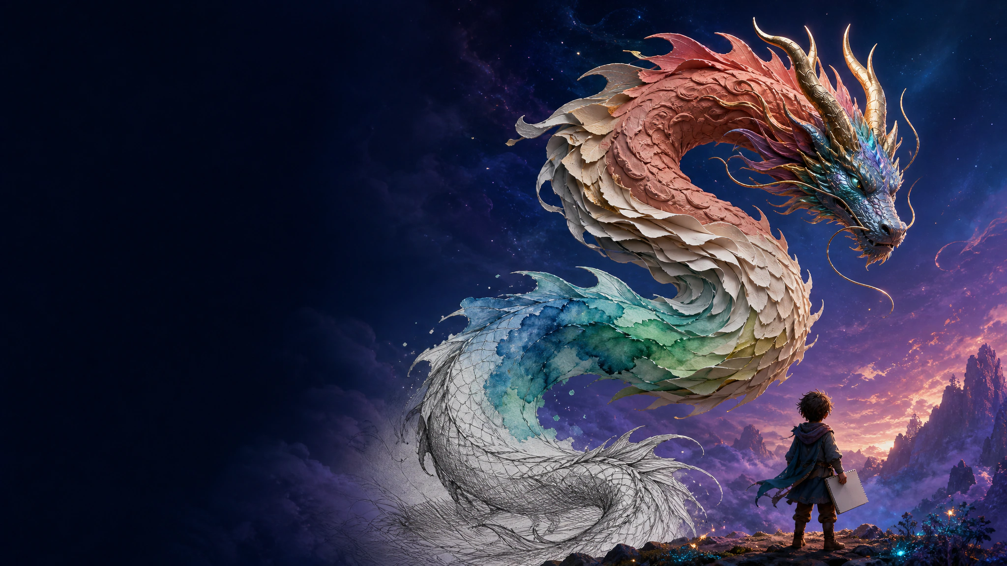 A dragon transforming from sketch to watercolor, paper sculpture, and painted fantasy art