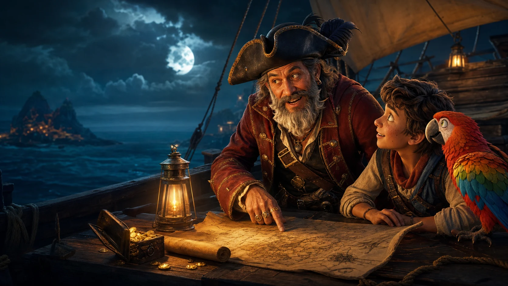 A pirate captain, young adventurer and parrot bringing a moonlit treasure story to life